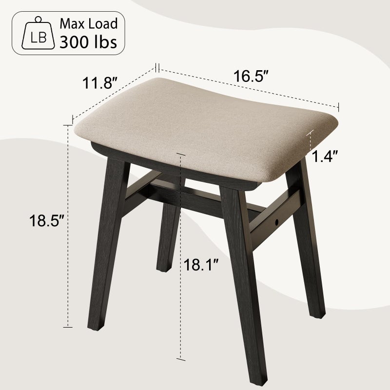 Muwuele Solid Wood Vanity Stool, Compact Makeup Chair with Saddle Cushion, Linen-Covered High Rebound Sponge Seat, Easy Assembly Footstool for Bedroom, Entryway, Home, Black - Image 2