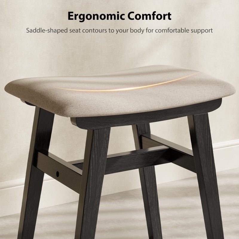 Muwuele Solid Wood Vanity Stool, Compact Makeup Chair with Saddle Cushion, Linen-Covered High Rebound Sponge Seat, Easy Assembly Footstool for Bedroom, Entryway, Home, Black - Image 5