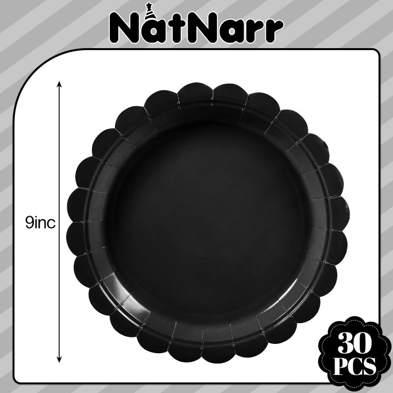 NatNarr أطباق ورقية سوداء 30 قطعة 9 بوصة قابلة للتصرف مزينة بحواف للأحزاب - Image 1