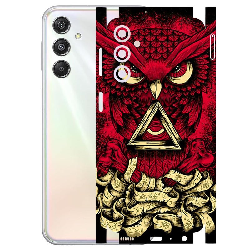- Compatible for Samsung Galaxy M34 (5G) - Mobile Back Skin Sticker - Lamination - Film Wrap (Coverage - Back+Camera+Sides) (Design - Red Owl)