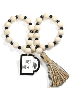 Oasisgalore Coffee Rustic Wood Beads Garland with Tassel Coffee Bar Tiered Tray Decor Kitchen Wall Rustic Coffee Bar and Home Decorations  - Image 1