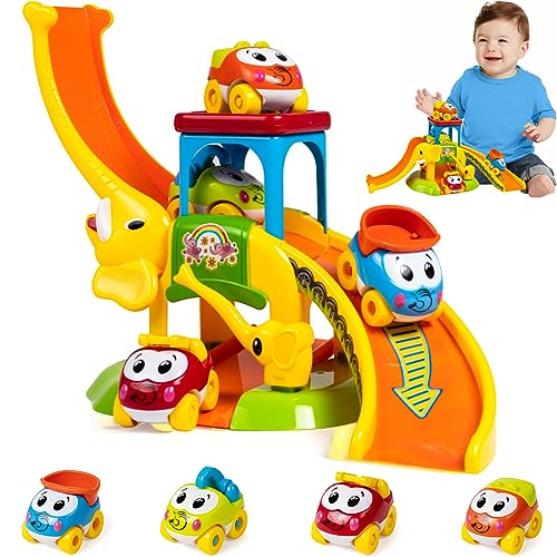 Marstone Toddler Toys for 1 2 Year Old Boys and Girls Gifts Educational Elephant Slide with 4 Animal Car Toys for Baby 1218 Months First Birthday Gifts for Kids Learning Push Truck Tracks Age 12 - Image 1