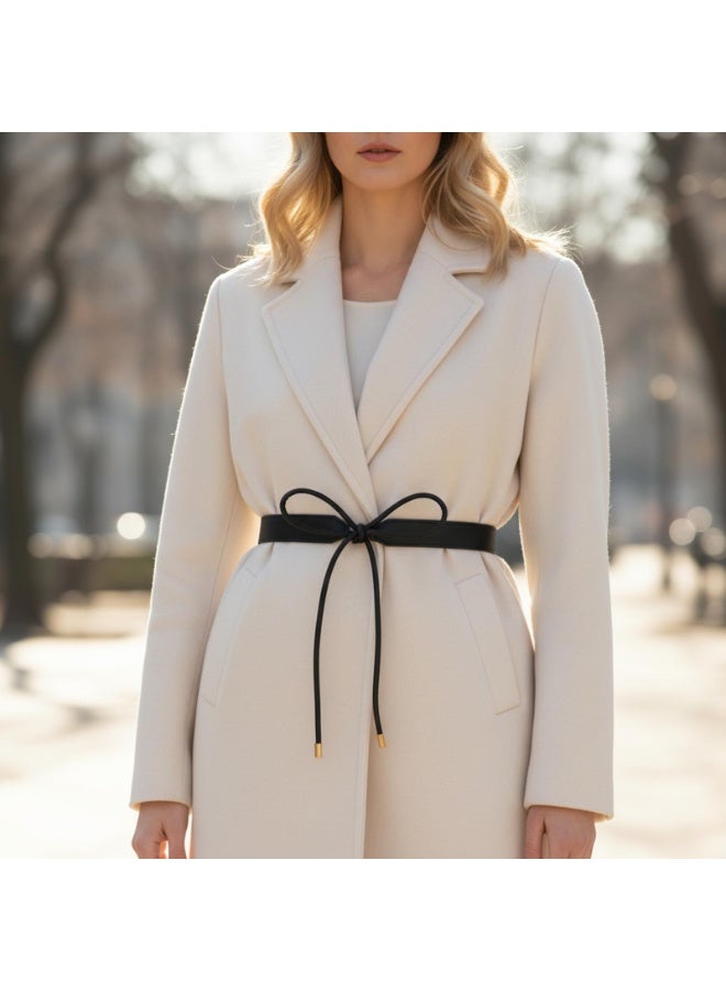 Women's PU Leather Knotted Skinny Tie Waist Belt for Dresses Coats - Black - Image 2