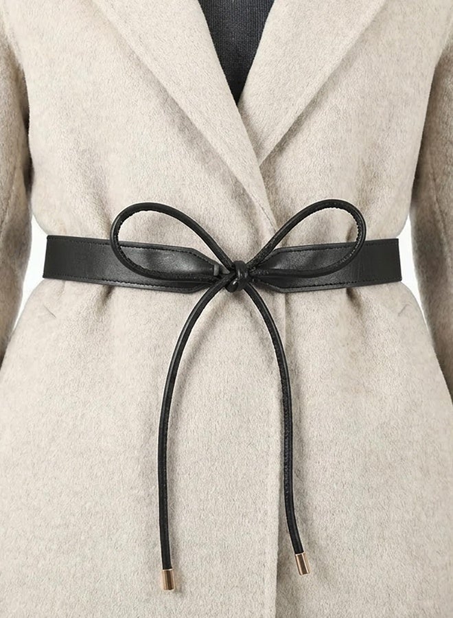 Women's PU Leather Knotted Skinny Tie Waist Belt for Dresses Coats - Black - Image 1