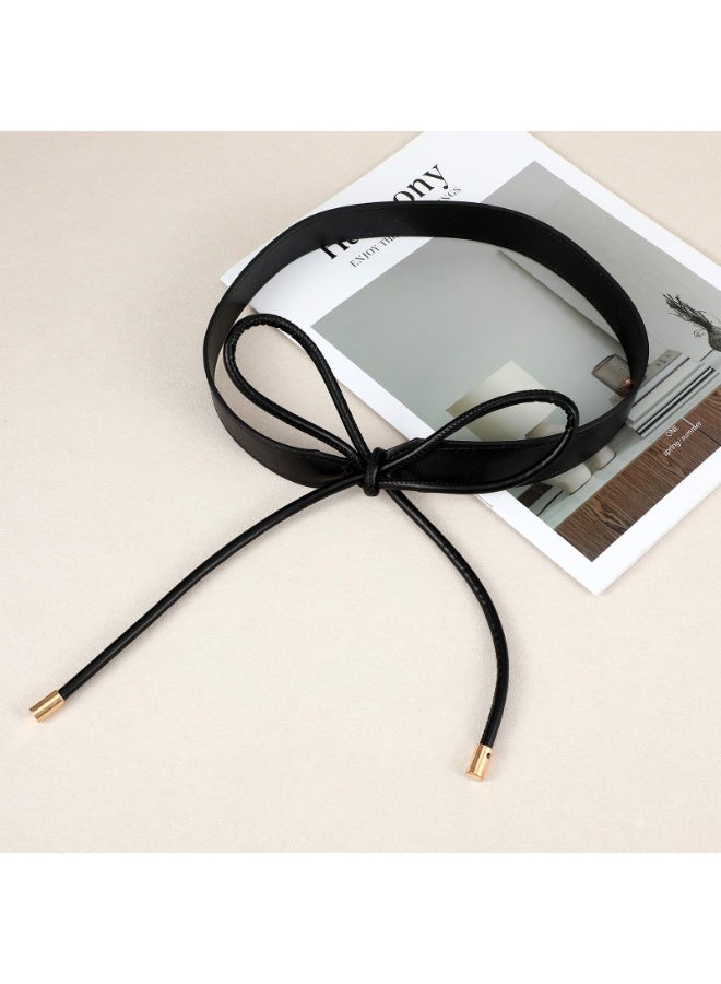 Women's PU Leather Knotted Skinny Tie Waist Belt for Dresses Coats - Black - Image 3