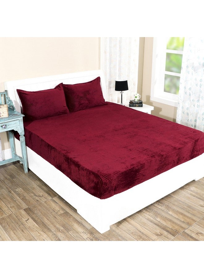 RD TREND 190 GSM Warm Flannel Elastic Fitted Striped bedsheets for Winter King Size(78X72X8 Inch) with 2 Pillow Cover Size 18x28 Inches, Color-Marron,Striped - Image 1