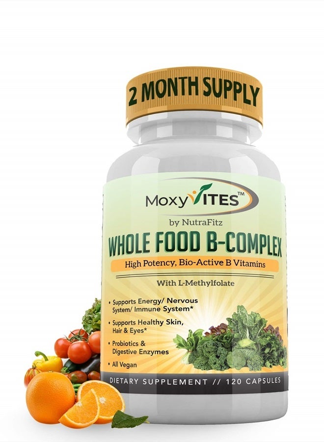 MoxyVites Vitamin B Complex - B Vitamins Whole Food Supplement, B12 Methylcobalamin, B1, B2, B3, B5, B6, B7, B9 - for Stress, Energy and Immune Support, Vegan, 120 Capsules - Image 1