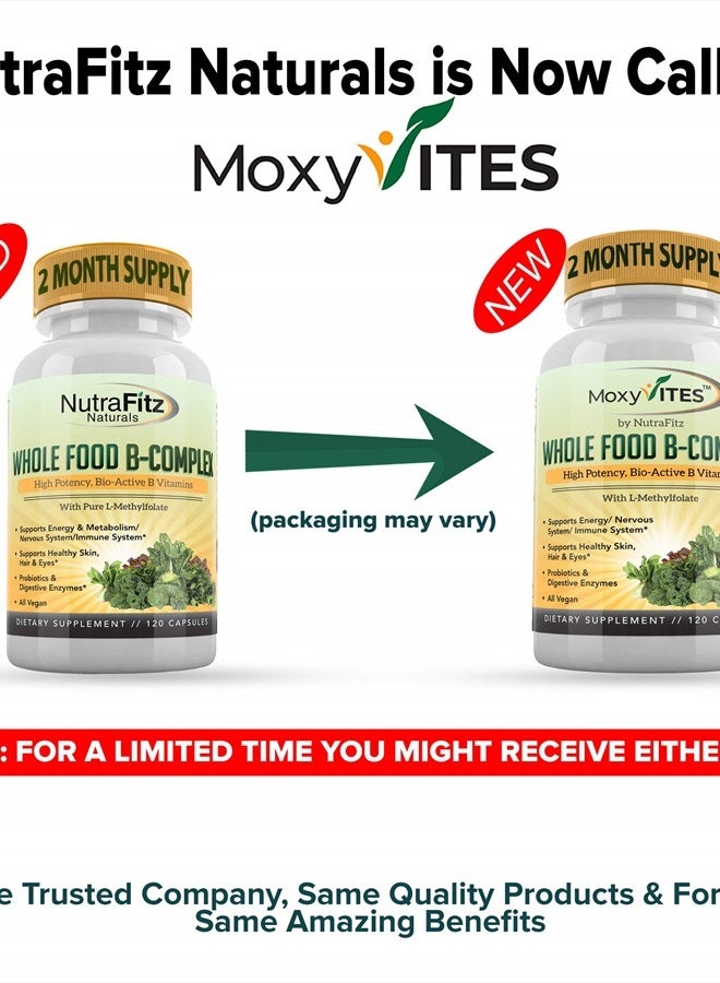 MoxyVites Vitamin B Complex - B Vitamins Whole Food Supplement, B12 Methylcobalamin, B1, B2, B3, B5, B6, B7, B9 - for Stress, Energy and Immune Support, Vegan, 120 Capsules - Image 2