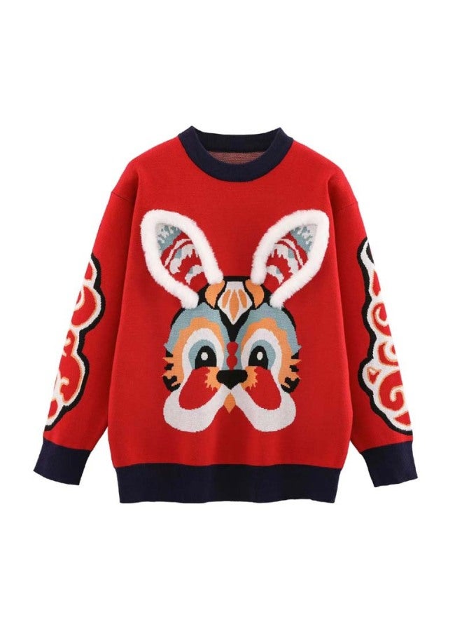 New Parent-child Mother-daughter Matching Rabbit Ear Jacquard Family Set Thickened Cartoon Round Neck Long Sleeve Red Sweater