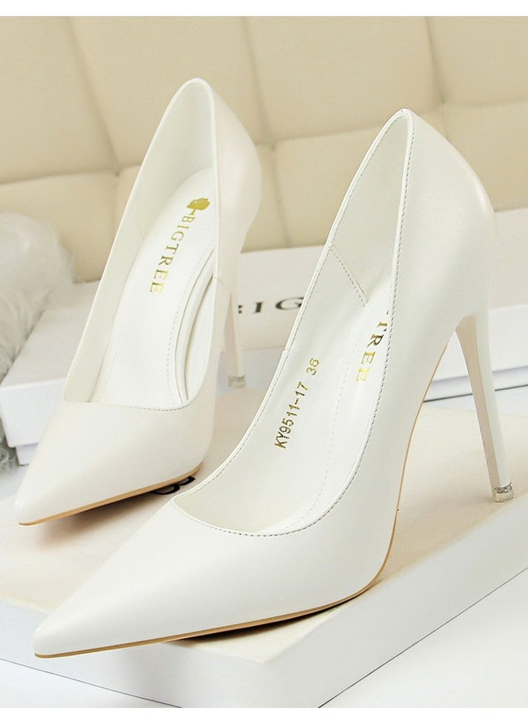BIGTREE Women's Solid Color Elegant Stiletto Pumps 10.5CM Fashion Gorgeous Closed Pointed Toe Slip On Solid High Heels White 