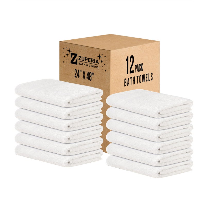 ZUPERIA White Bath Towels Bulk 12 Pack (24 x 48 Inches) - 100% Cotton Economy Light Weight Towels for Commercial Use - Quick Dry, Ultra-Soft, and Absorbent Bulk Towels - Image 1