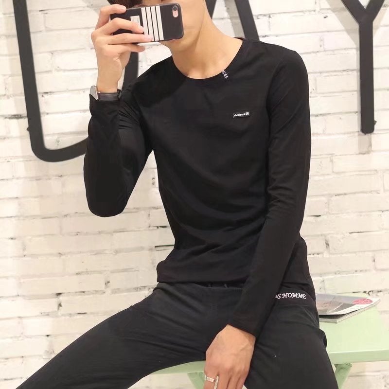 Long-Sleeved T-Shirt Men'S New Couple Printed Top Casual Solid Color Trendy Brand Korean Slim-Fit Inner Base Shirt - Image 1