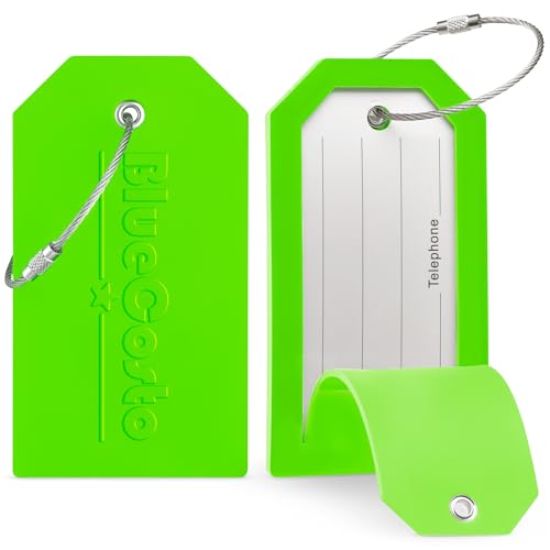 BlueCosto - Luggage Tags - Large, Green, 5 PK - PVC Suitcase Tags w/Privacy Cover & Stainless Steel Wire Loops - Personalized Baggage Identifiers for Travel - Backpack Name Labels - Image 2