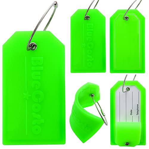 BlueCosto - Luggage Tags - Large, Green, 5 PK - PVC Suitcase Tags w/Privacy Cover & Stainless Steel Wire Loops - Personalized Baggage Identifiers for Travel - Backpack Name Labels - Image 1