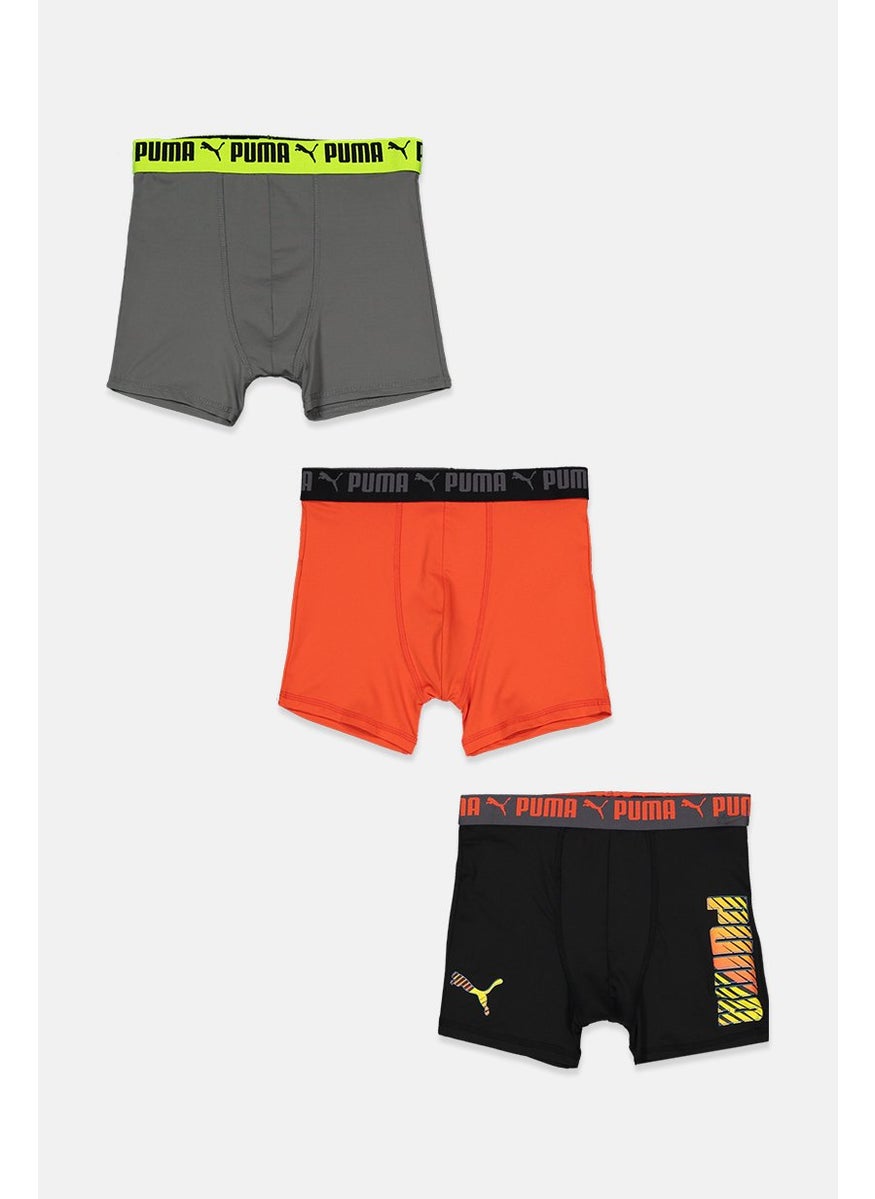 PUMA - Kids Boy 3 Pieces Embroidered Logo Boxer Brief, Black and Orange and Grey - Image 1