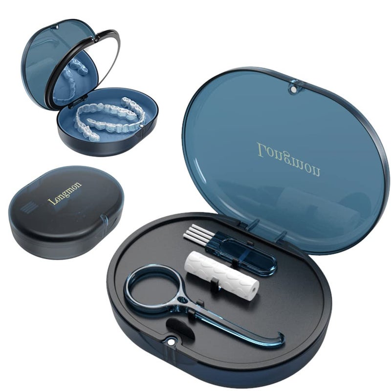 LONGMON New Double-layer Retainer Storage Case with Belt Chewing,Removal Tool,Cleaning Brush,Built in Mirror Orthodontic Retainer Case - Image 1