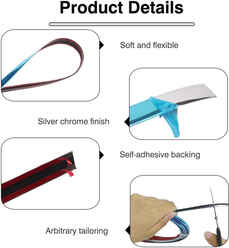 Novstuf Chrome Trim, 6mm × 3m Silver Flexible Molding Trim Self Adhesive Automotive Chrome Tape Car Trim Tape Peel and Stick Metallic Mirror Frame Edging Decorative Strip for Wall Door Furniture Car - Image 3