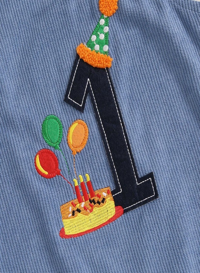 Lamuusaa Toddler Baby Boy Birthday Outfit Sleeveless One Embroidery Birthday Romper Corduroy Jumspuit Cake Smash Outfits (Blue, 12-18 Months) - Image 4