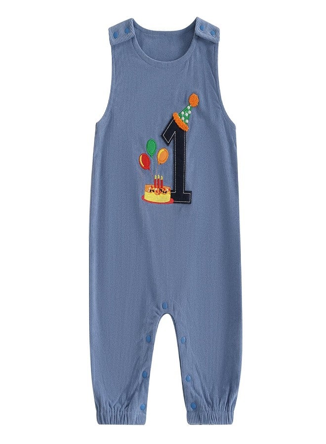 Lamuusaa Toddler Baby Boy Birthday Outfit Sleeveless One Embroidery Birthday Romper Corduroy Jumspuit Cake Smash Outfits (Blue, 12-18 Months) - Image 1