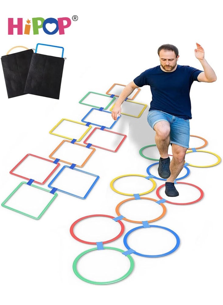 HIPOP 2 Sets Hopscotch Rings, 20 Plastic Square & Round Hoops with 30 Connectors,  Indoor Outdoor Ring Game Toys Obstacle Course Agility Balance Training Rings (15 Inch) - Image 1