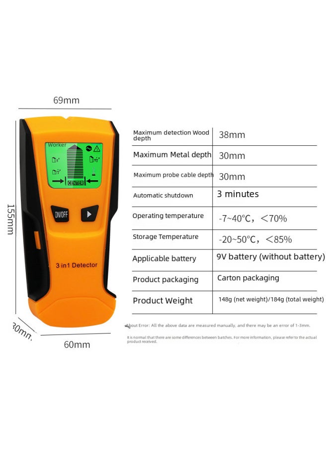 Three-in-one Wall Detector Wall Metal Detector Current Cable With Metal Detection Function-Model:Detector +9V Battery 1