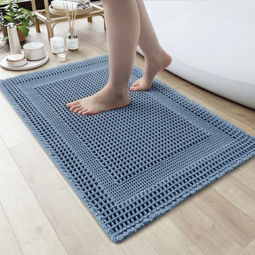 AMOAMI Waffle BathMat Absorbent Bath Mats for Bathroom Non Slip Machine Washable Bathroom Rugs with Tassels Ultra Soft Boho Bath Rugs for Floor 24x36 Blue - Image 1
