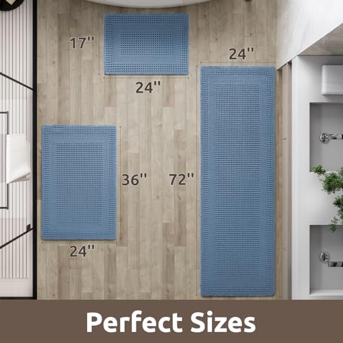 AMOAMI Waffle BathMat Absorbent Bath Mats for Bathroom Non Slip Machine Washable Bathroom Rugs with Tassels Ultra Soft Boho Bath Rugs for Floor 24x36 Blue - Image 3