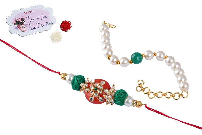 JFL JFL Jewellery for Less Combo of Colorful Kundan Stone Rakhi n Onyx Pearl Bracelet for Bhaiya Brother Couple Pair Rakhi Set with Roli Chawal for Raksha Bandhan and Hand Written Greeting Note 