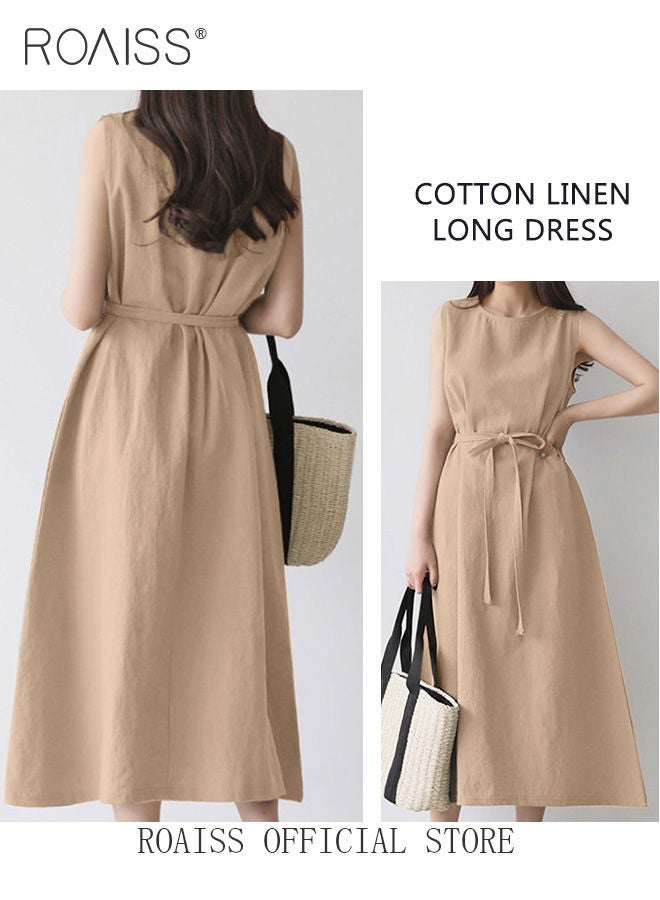 roaiss Ladies Comfortable High-Waist Dress for Daily Commute  Sleeveless Cotton A-Line Crew Neck Dress with Simple Design and Soothing Solid Color Featuring Waist Design for Ladies Elegant Temperament Casual Outfit  - Image 4