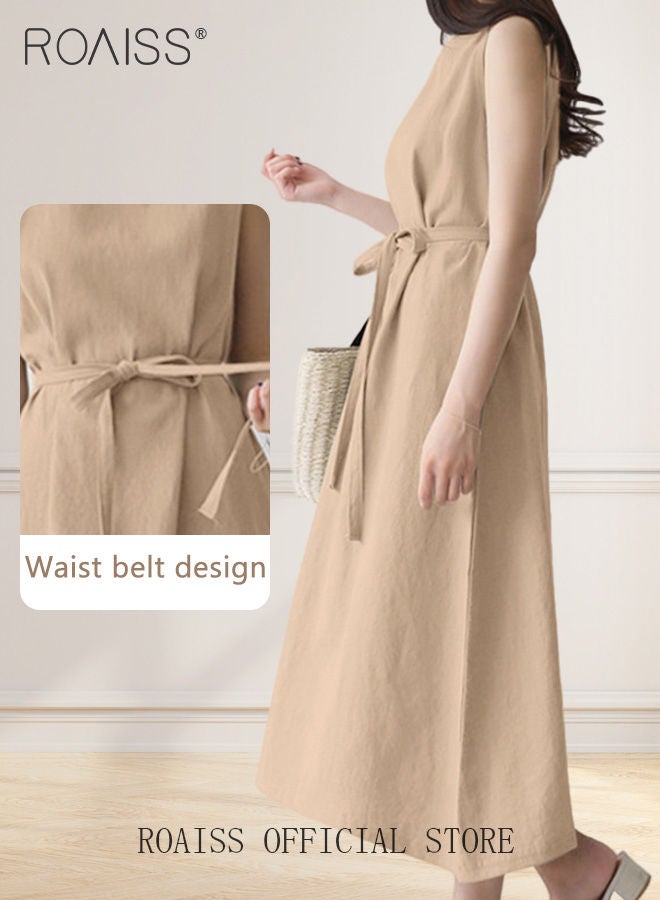 roaiss Ladies Comfortable High-Waist Dress for Daily Commute  Sleeveless Cotton A-Line Crew Neck Dress with Simple Design and Soothing Solid Color Featuring Waist Design for Ladies Elegant Temperament Casual Outfit  - Image 5