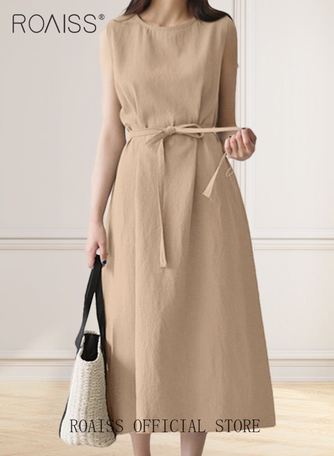 roaiss Ladies Comfortable High-Waist Dress for Daily Commute  Sleeveless Cotton A-Line Crew Neck Dress with Simple Design and Soothing Solid Color Featuring Waist Design for Ladies Elegant Temperament Casual Outfit  - Image 1