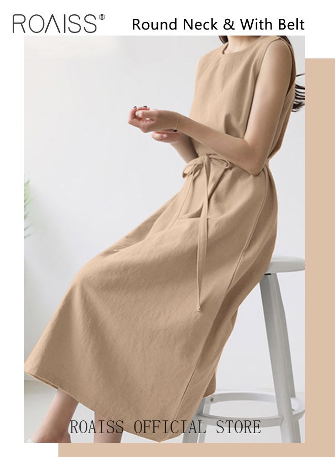 roaiss Ladies Comfortable High-Waist Dress for Daily Commute  Sleeveless Cotton A-Line Crew Neck Dress with Simple Design and Soothing Solid Color Featuring Waist Design for Ladies Elegant Temperament Casual Outfit  - Image 2