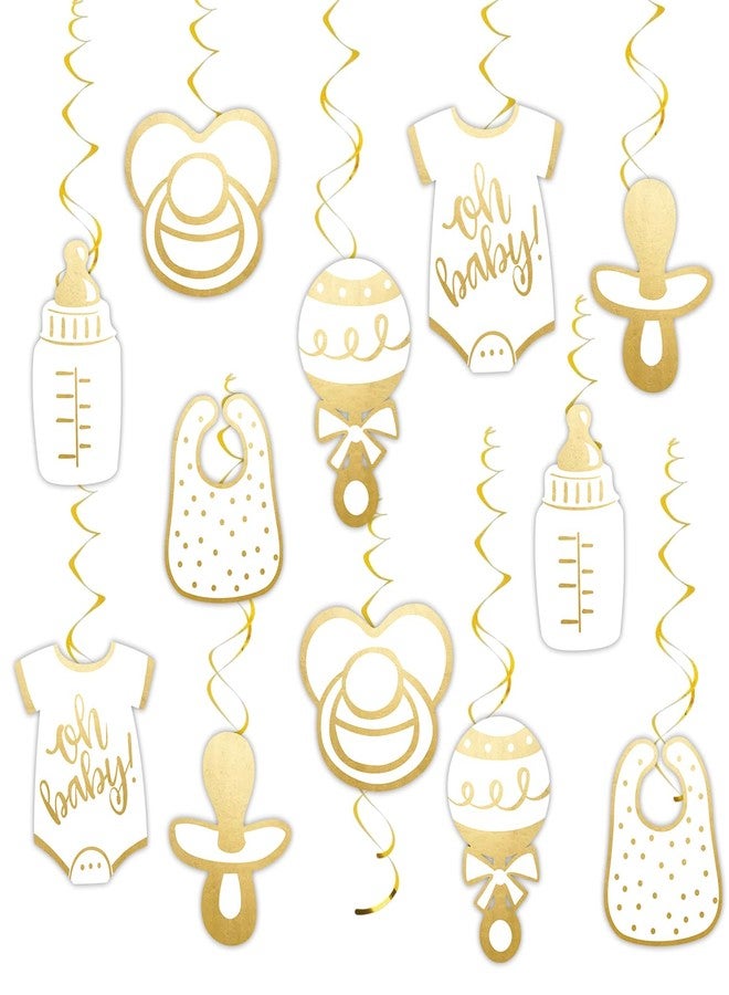 ELEFOCUS 12 Pcs Swirl Hanging Decorations for Baby Shower and Party Supplies, Neutral Gold Baby Shower Decorations, Oh Baby Baby Shower Decorations, Table Decorations - Image 1