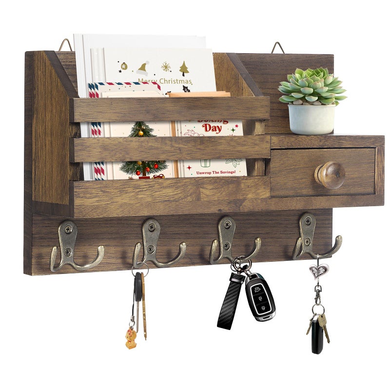 HOMEBROS Key Holder Wall Mount, Wooden Adhesive Mail and Key Organizer with Drawer, Small Shelf, 8 Hooks, 2 Installation Methods, Brown - Image 1