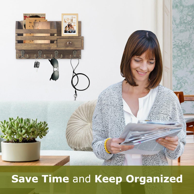 HOMEBROS Key Holder Wall Mount, Wooden Adhesive Mail and Key Organizer with Drawer, Small Shelf, 8 Hooks, 2 Installation Methods, Brown - Image 2