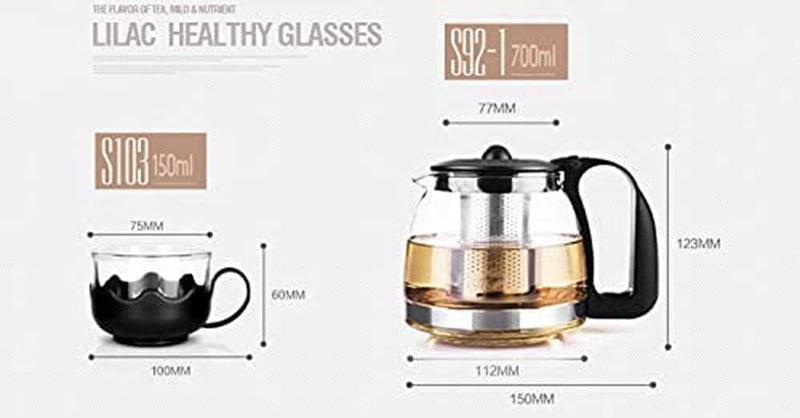 Generic Glass Tea Serving Set with Stainless Steel Strainer, 1 Liter Kettle, 4 Cups, Black Base, Turkish Style .g - Image 3