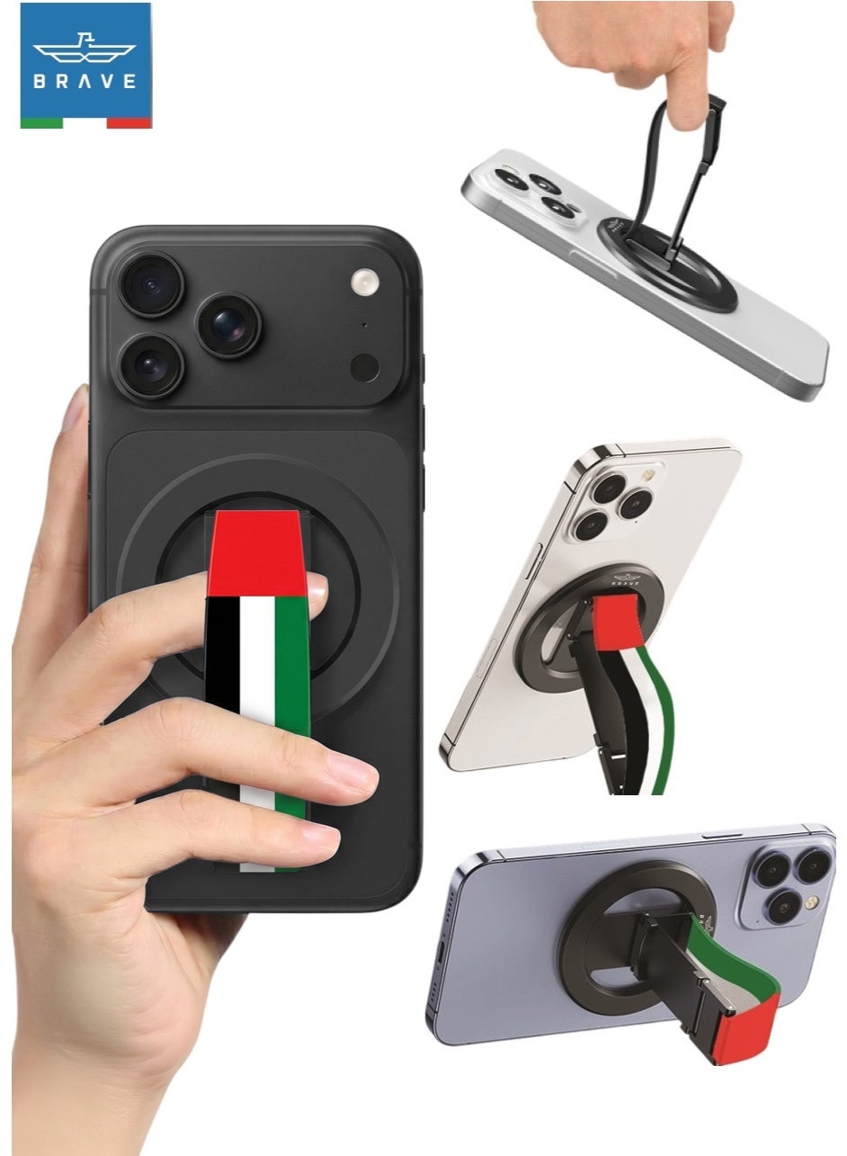 UAE National Flag Limited Edition MagSafe Grip for iPhone – Magnetic Ring Holder with UAE Flag Strap, Removable Magnetic Grip and Base, Universal Magnetic Stand and Holder for iPhone Air, Series 17/16/15/14/13/12, Samsung Galaxy S25/24/23/22, iOS and Android Devices, Strong Magnetic Attraction, Portable Holder for Phones and Tablets