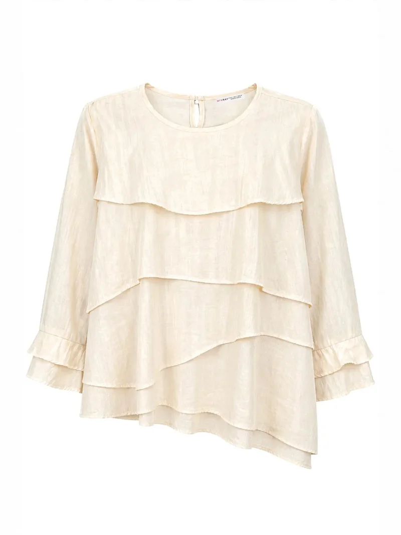 ميكسراي MIXRAY Frilly Long Sleeve Crew Neck Blouse