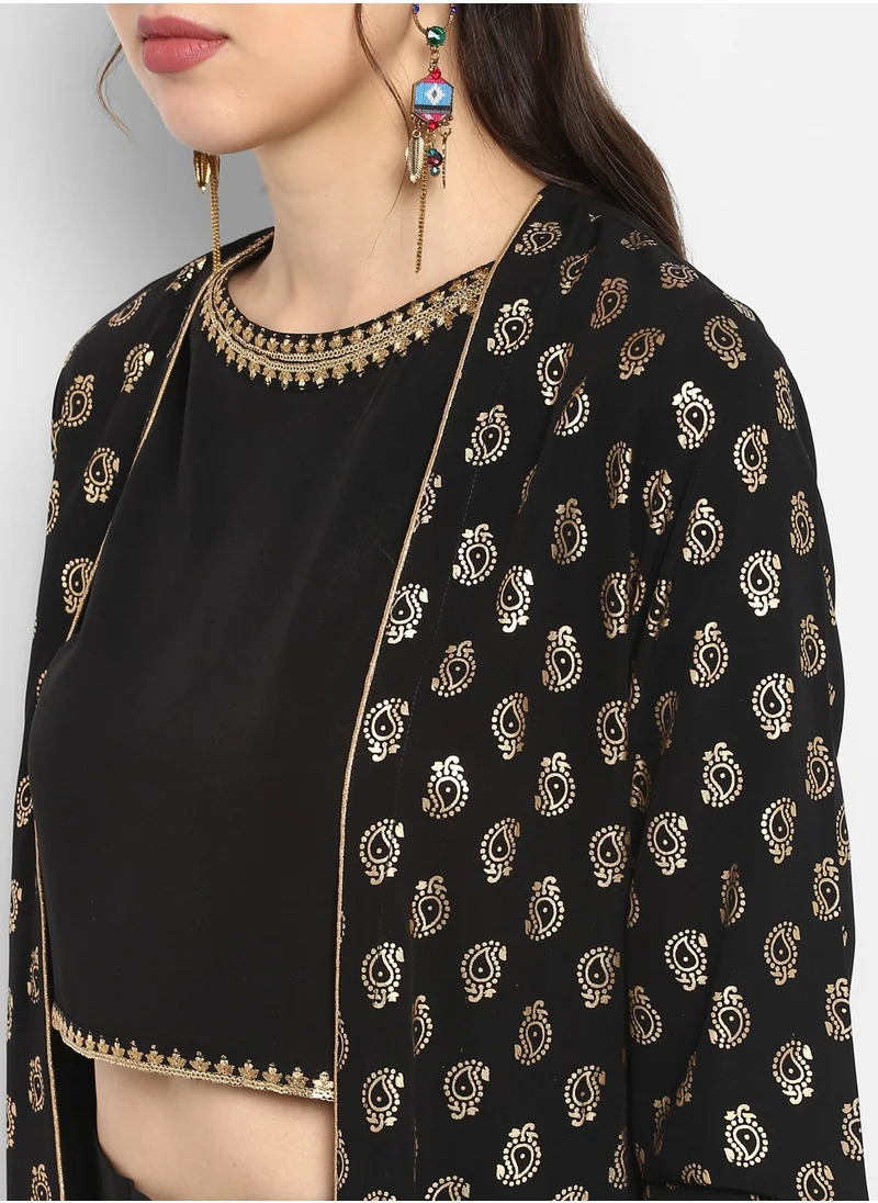 كولابا Black Printed Plazo Set With Jacket