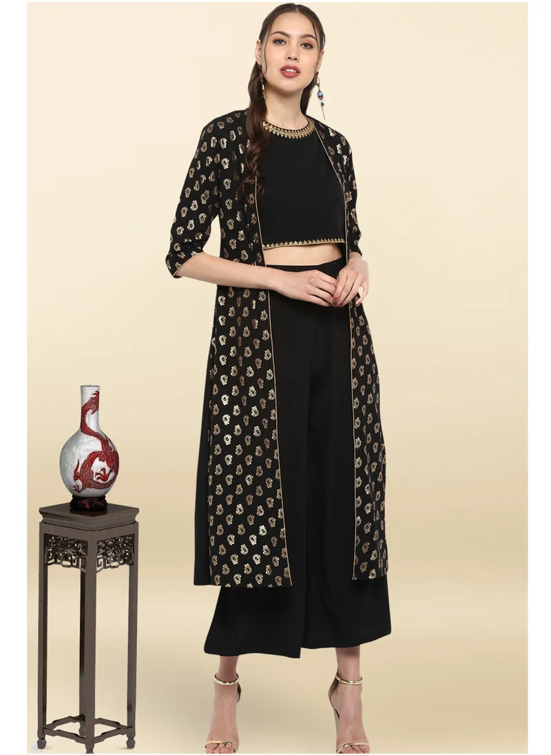 kolaba Black Printed Plazo Set With Jacket