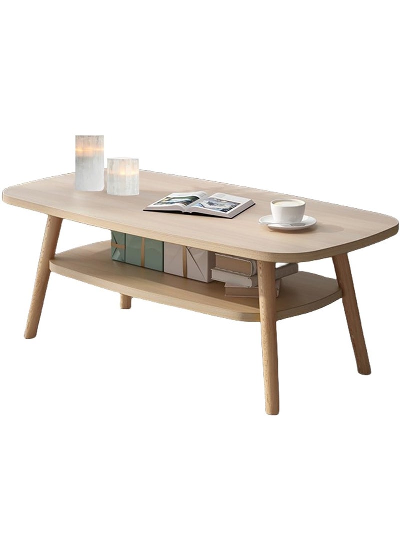 شويوين طاولة جانبية للقهوة على الطراز الشمالي، طاولة خشبية، طاولة قهوة خشبية بيضاوية، طاولة قهوة من طبقتين مع أرفف مفتوحة 120*58*42 سم - Image 1