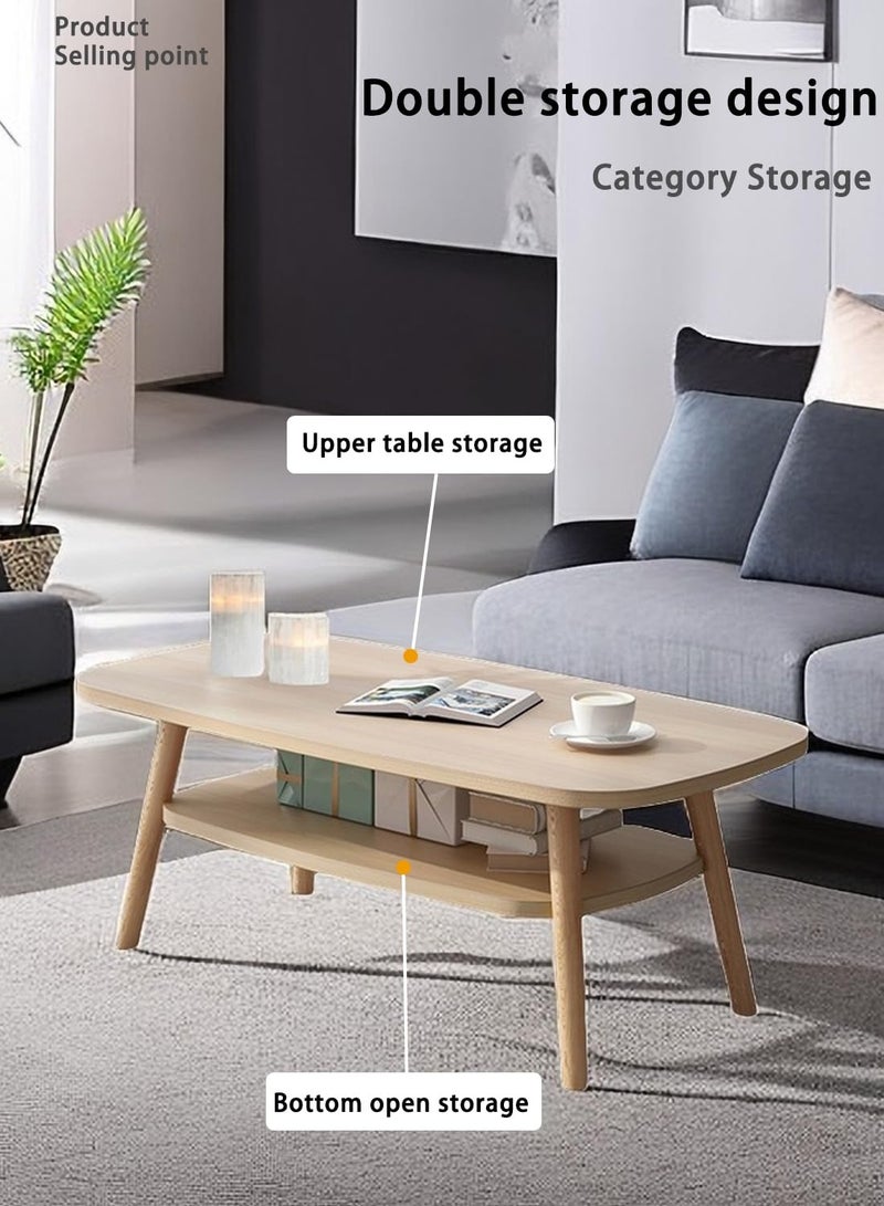 شويوين طاولة جانبية للقهوة على الطراز الشمالي، طاولة خشبية، طاولة قهوة خشبية بيضاوية، طاولة قهوة من طبقتين مع أرفف مفتوحة 120*58*42 سم - Image 3