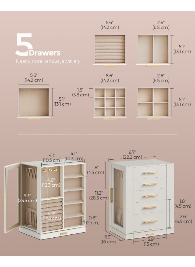 SONGMICS Jewellery Box 360° Rotating, Jewellery Organiser with 5 Drawers, Jewellery Display Case, Glass Window, Spacious, Vertical Jewellery Storage, Open Design, Great Gift, Cloud White - Image 4