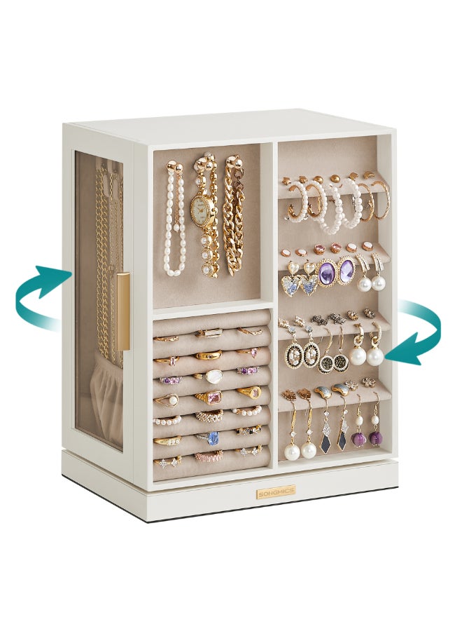 SONGMICS Jewellery Box 360° Rotating, Jewellery Organiser with 5 Drawers, Jewellery Display Case, Glass Window, Spacious, Vertical Jewellery Storage, Open Design, Great Gift, Cloud White - Image 1