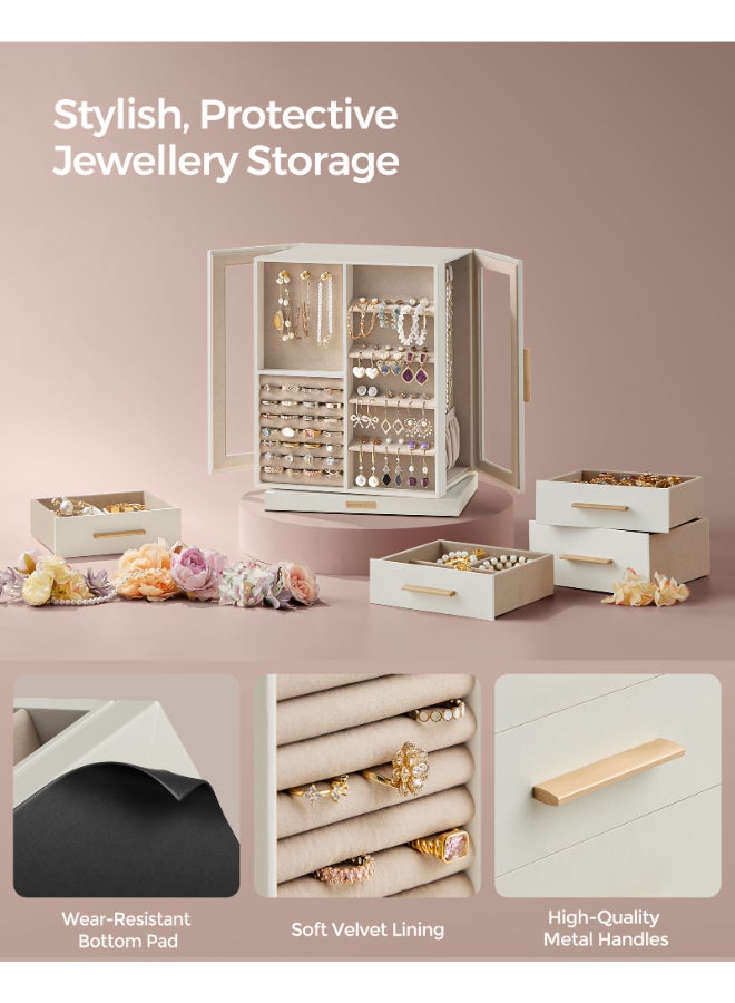 SONGMICS Jewellery Box 360° Rotating, Jewellery Organiser with 5 Drawers, Jewellery Display Case, Glass Window, Spacious, Vertical Jewellery Storage, Open Design, Great Gift, Cloud White - Image 5