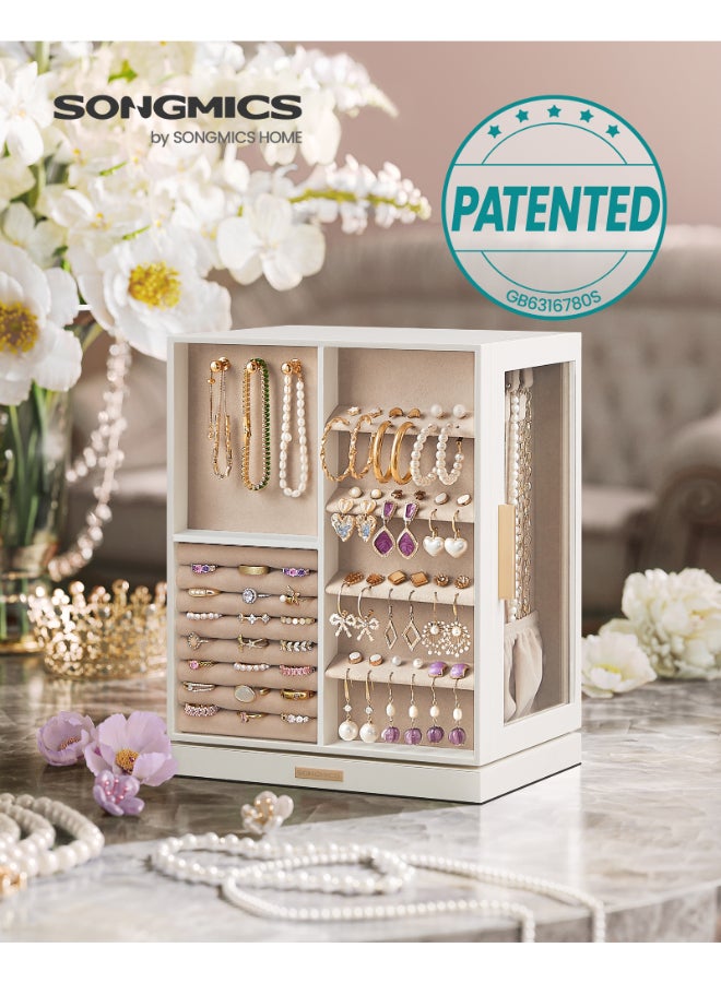 SONGMICS Jewellery Box 360° Rotating, Jewellery Organiser with 5 Drawers, Jewellery Display Case, Glass Window, Spacious, Vertical Jewellery Storage, Open Design, Great Gift, Cloud White - Image 2