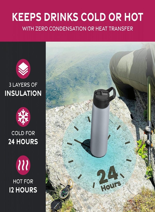 FineDine Triple Walled, Insulated Water Bottles with Straw - 25 Oz Stainless Steel Metal Bottle W/ 3 Leak Proof Lids - For Travel, School, Sports, Gym/Men, Women & Kids - Modern Lava Gray - Image 3