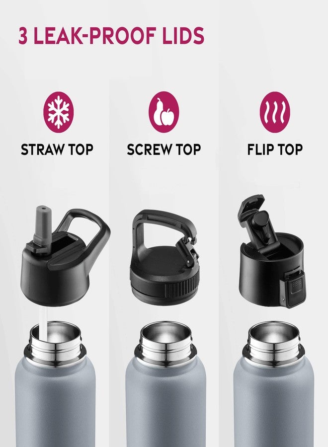 FineDine Triple Walled, Insulated Water Bottles with Straw - 25 Oz Stainless Steel Metal Bottle W/ 3 Leak Proof Lids - For Travel, School, Sports, Gym/Men, Women & Kids - Modern Lava Gray - Image 4