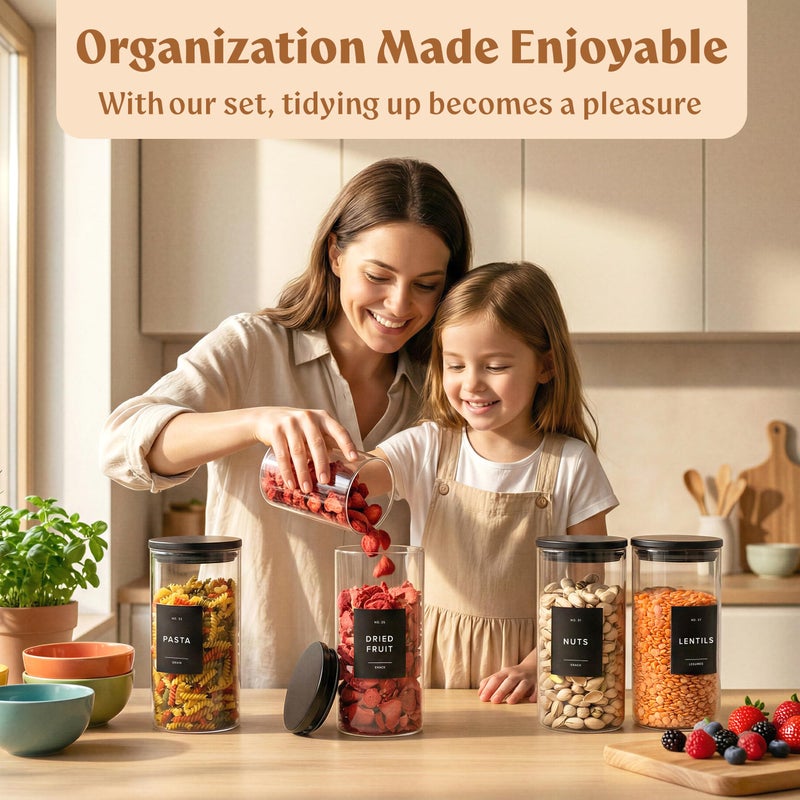EDELHAUS Glass Storage Containers with Black Lids [4x40oz] Extra Thick Glas with 54 Labels - Canister For Pantry Noodles Flour Cereal Rice Sugar Tea Coffee Beans - Round Set - Image 3