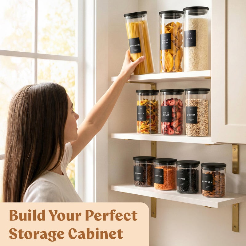 EDELHAUS Glass Storage Containers with Black Lids [4x40oz] Extra Thick Glas with 54 Labels - Canister For Pantry Noodles Flour Cereal Rice Sugar Tea Coffee Beans - Round Set - Image 5